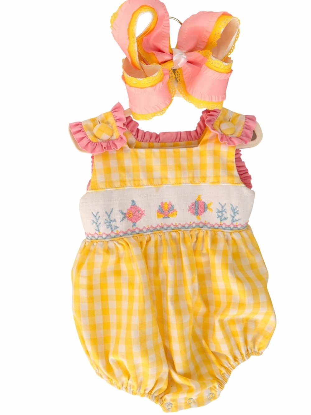 Yellow Gingham Baby Bubble Smocked Bubble with Pink Bow
